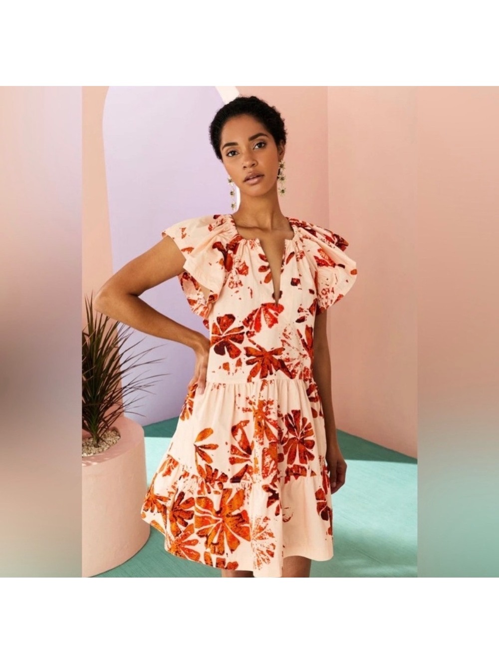 Marie Oliver Floral Print Ruffle Sleeve Dress
